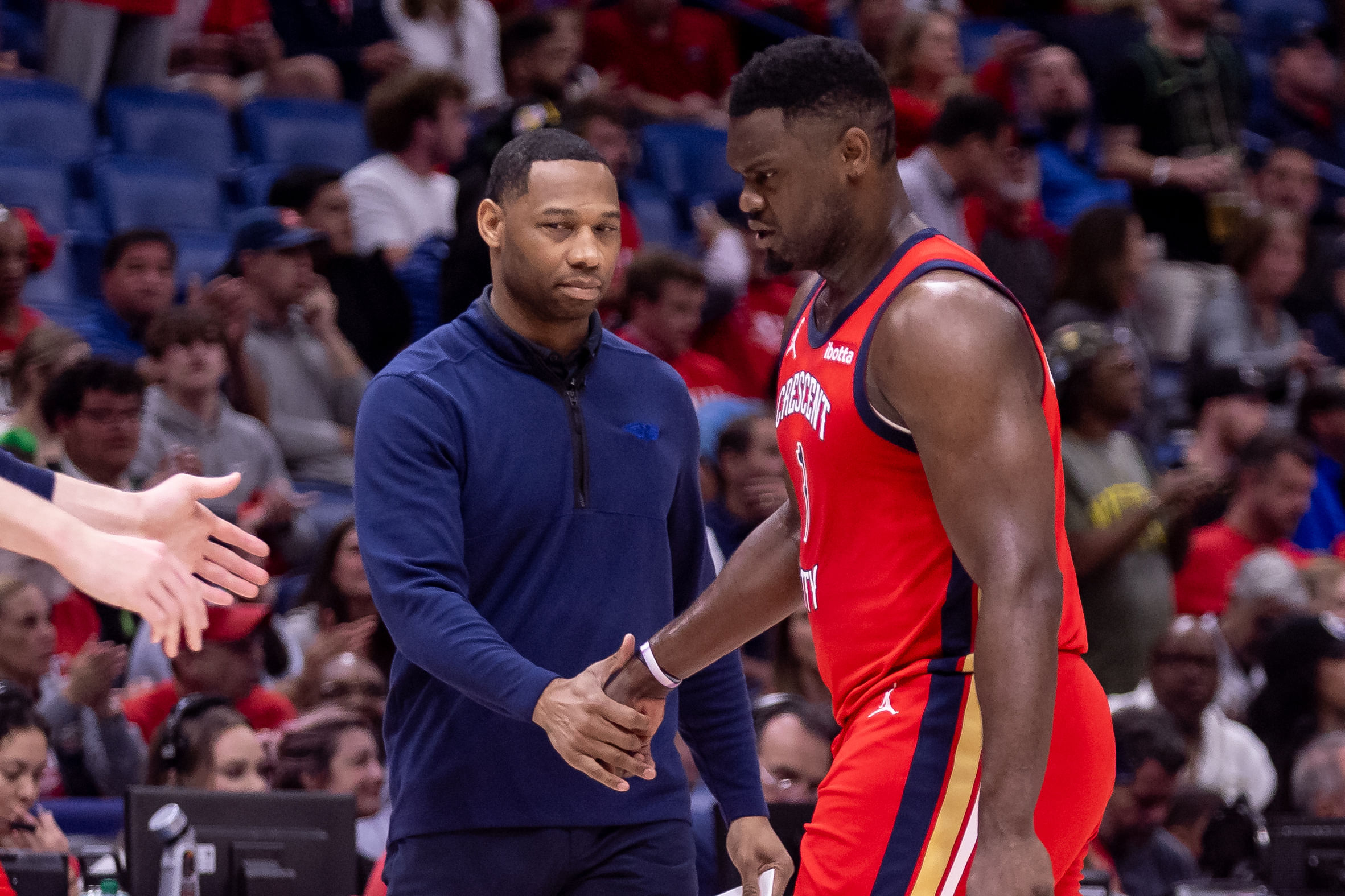 New Orleans Pelicans forward Zion Williamson and coach Willie Green